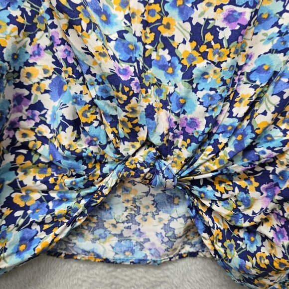 Lush 2X Navy Floral Blouse Square Neck Tie Crop Front Short Sleeve Light FLowy - Picture 4 of 7